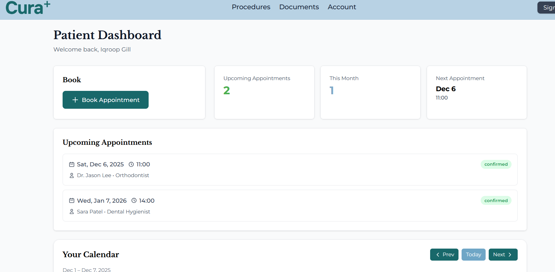 Cura booking platform preview